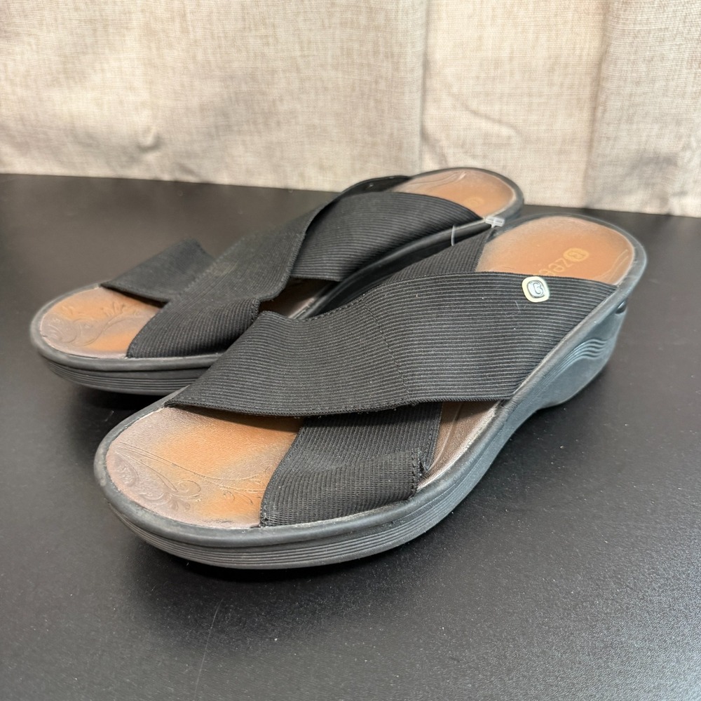 Bzees Desire Wedge Slide Sandals Women's US 10M Black Elastic Strap Comfort